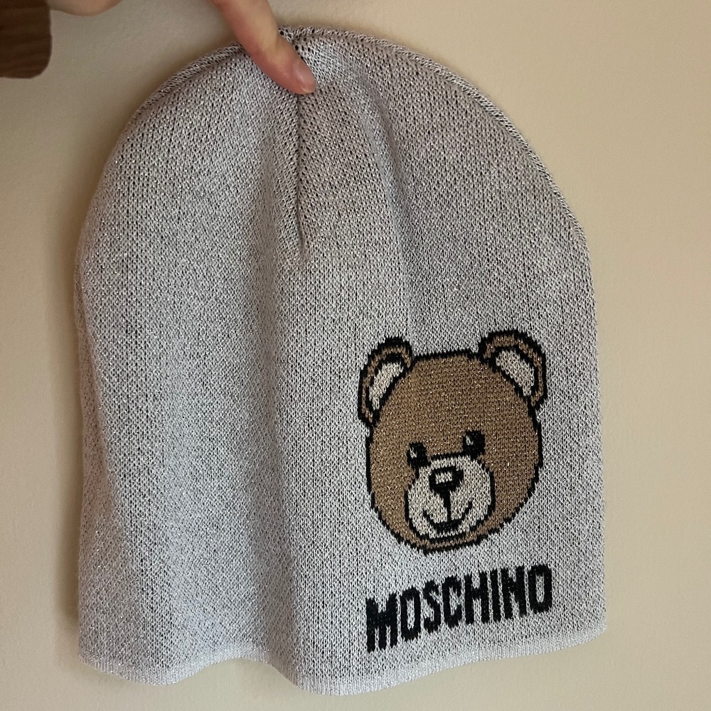 Moschino MADE IN ITALY Beanie Hat SILVER GLOW LUREX BEAR